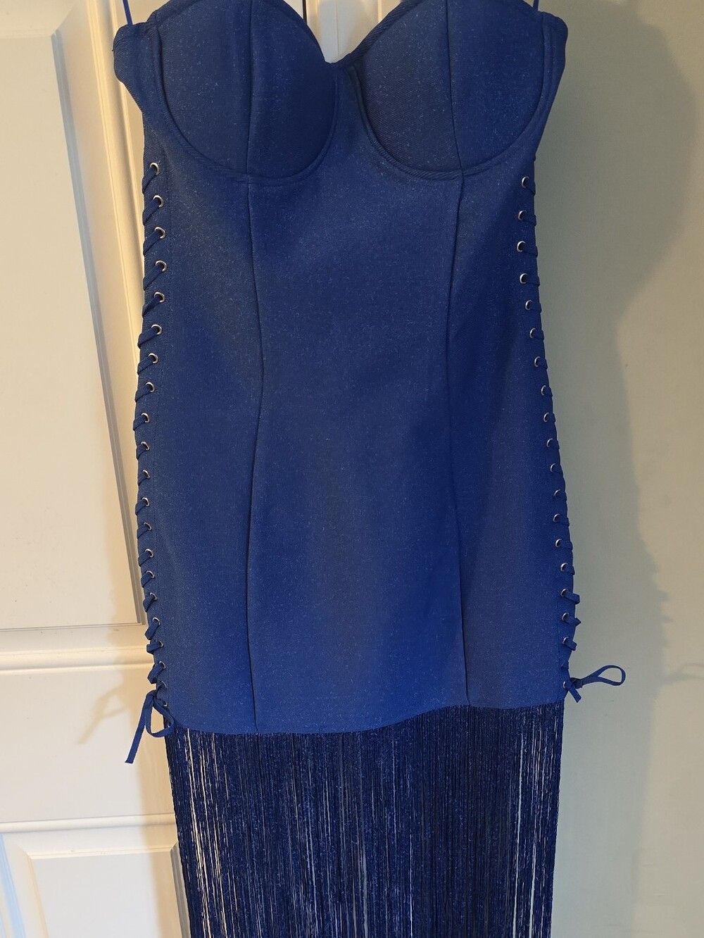 Fashion Nova Electric Blue Fringe Lace-Up Maxi Skirt